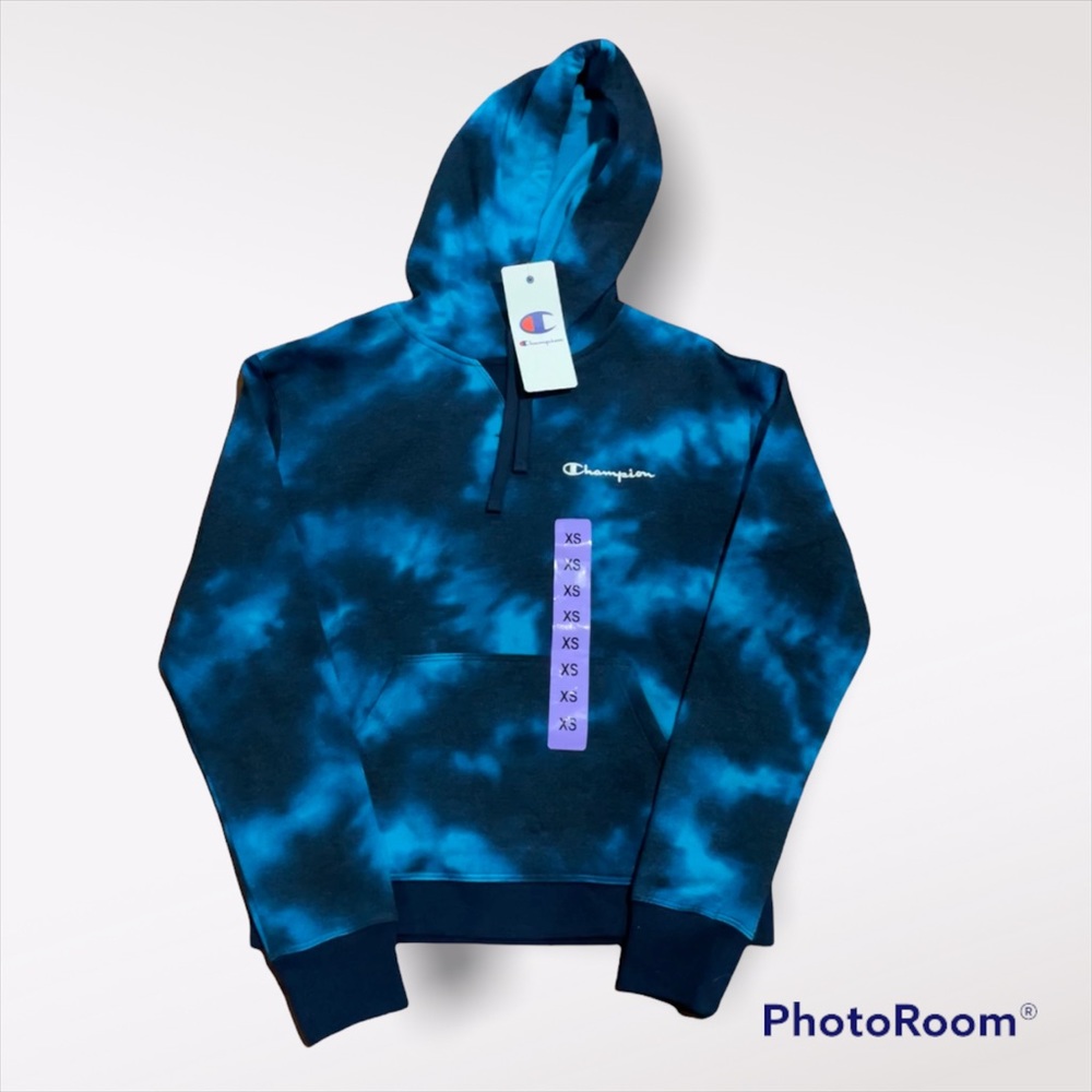 A champion hoodie, woman’s XS, tie dye blue and black, BRAND NEW